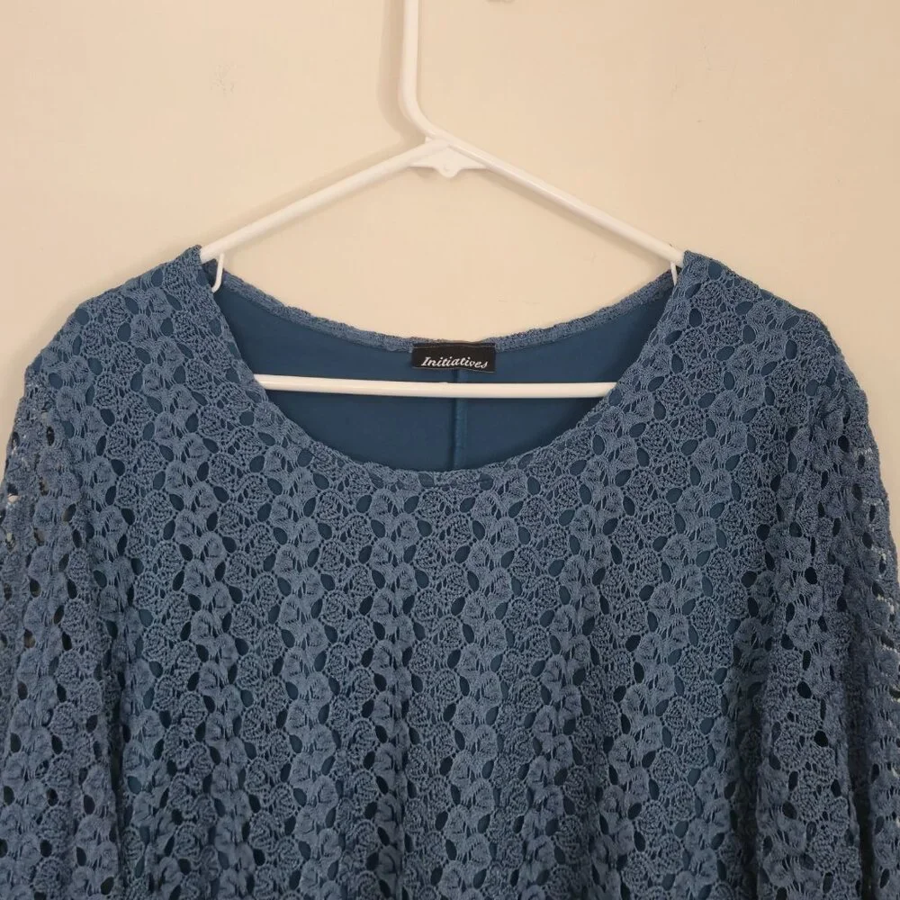 Initiatives Lined Teal Blue Lace Tunic Sharkbite Hem Crochet Lagenlook Blouse XL - Picture 3 of 10